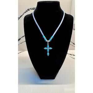 Turquoise Cross Necklace Blue Suede Cord Western Boho Silver Tone